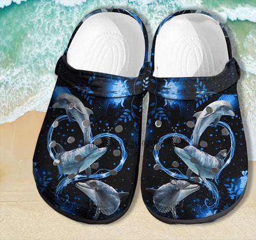 Dolphin Ocean Heart Dark Blue Shoes Gift Birthday Grandma- Ocean Girl Lover Gift Women- Cr-Ne0244 Personalized Clogs