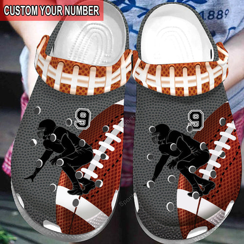 Custom Number American Football Player Brown Grey Shoes Personalized Clogs