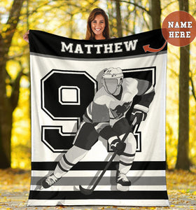 Fleece Blanket Hockey - B&W - Personalized Name Fleece Blanket Custom Text Print 3D, Unisex, Kid, Adult - Love Mine Gifts