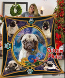 Cute Pug Dog Flower Dog Lovers Gift Personalized Photo Upload Fleece Blanket Print 3D, Unisex, Kid, Adult