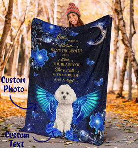 Bichon Frise Angel With Blue Flower Personalized Photo Upload Name Date Fleece Blanket Print 3D, Unisex, Kid, Adult