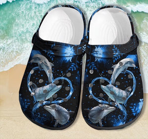 Dolphin Ocean Heart Dark Blue Shoes Gift Birthday Grandma- Ocean Girl Lover Gift Women Personalized Clogs