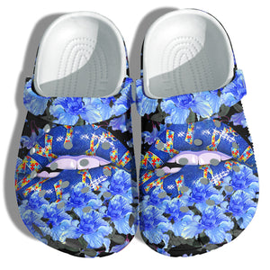 Blue Lip Autism Puzzel Style Shoes - In April Wear Blue Cute Shoes Croc Gifts For Women Girl - Cr-Ne0020 Personalized Clogs
