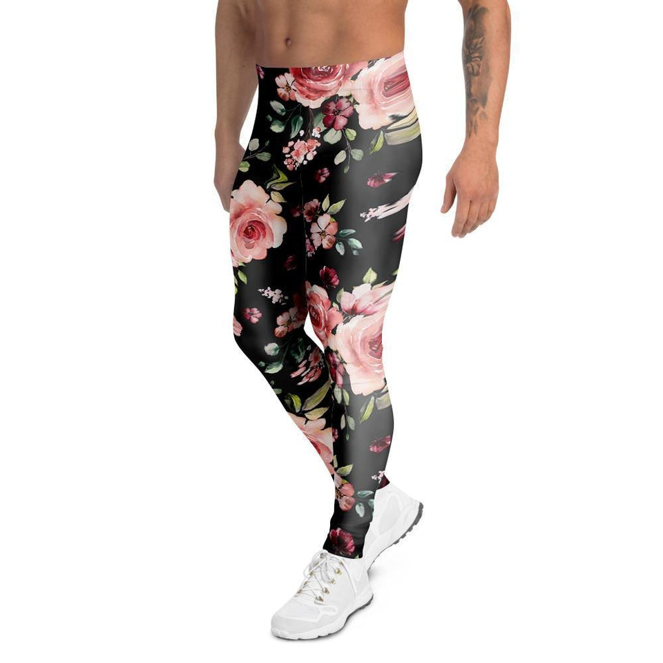 Legging Black Pink Rose Flower Print Men's Leggings Sport, Yoga, Gym, Fitness, Running - Love Mine Gifts