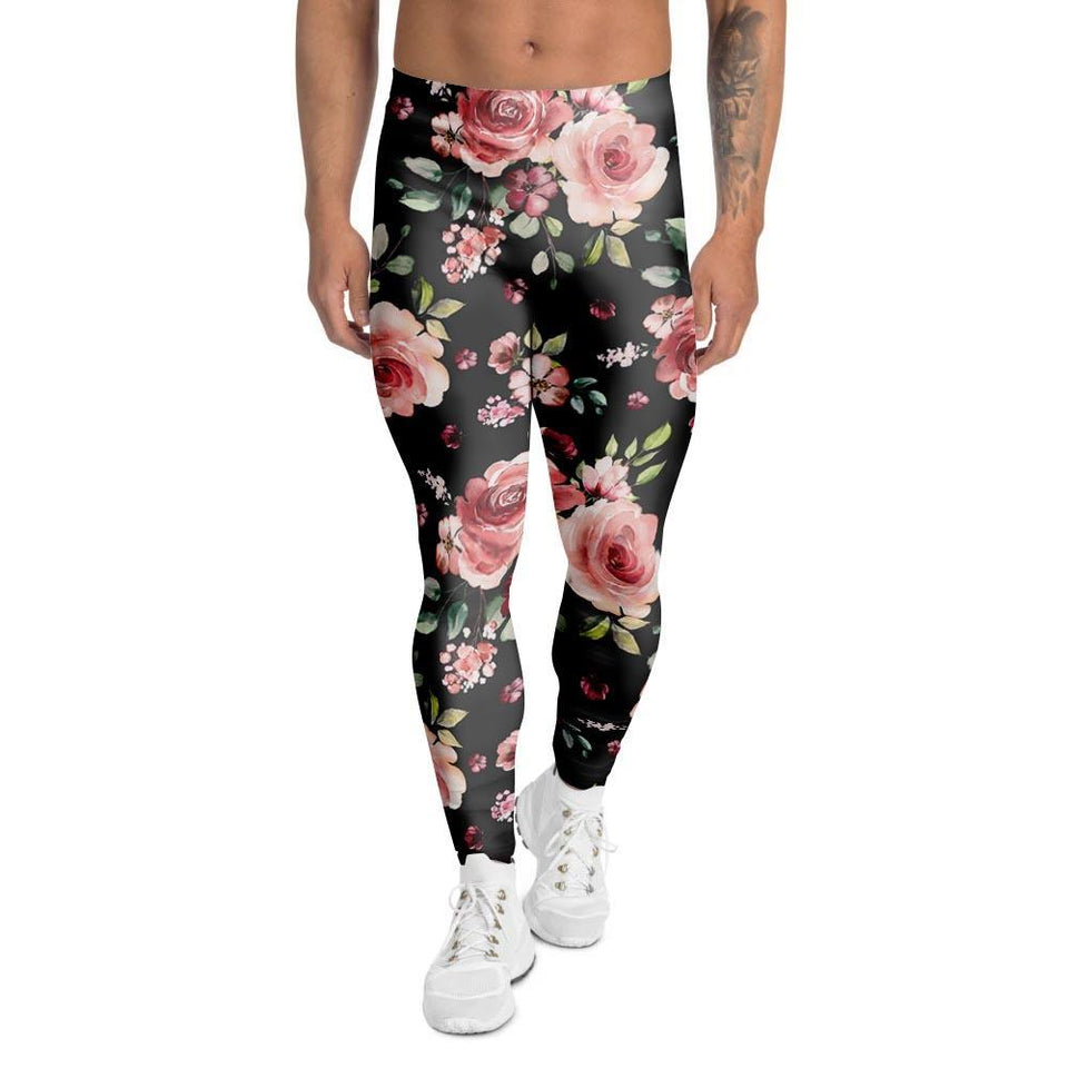Legging Black Pink Rose Flower Print Men's Leggings Sport, Yoga, Gym, Fitness, Running - Love Mine Gifts