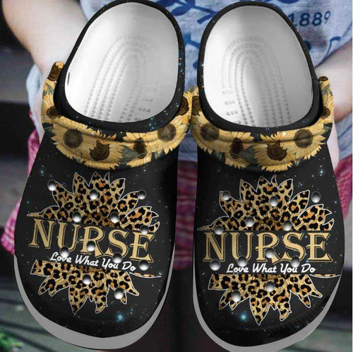 Clog Nurse Love What You Do Leopard Skin Sunflower Custom Girl Friend Clog Personalize Name, Text - Love Mine Gifts