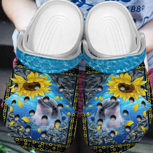 Clog Dolphin Personalized Clog, Custom Name, Text, Color, Number Fashion Style For Women, Men, Kid, Print 3D Sunflower Dolphin - Love Mine Gifts