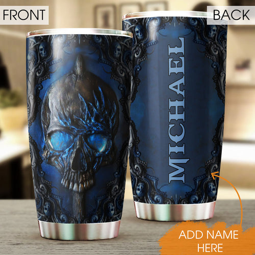 Tumbler Blue Skull Stainless Steel Tumbler Customize Name, Text, Number, Image Travel Coffee Mug - Love Mine Gifts