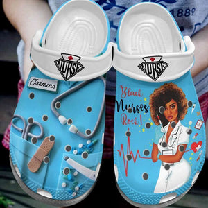 Clog Black Nurses Rock Proud Of Nurse Custom Girl Mother Daughter Sister Friend Clog Personalize Name, Text - Love Mine Gifts