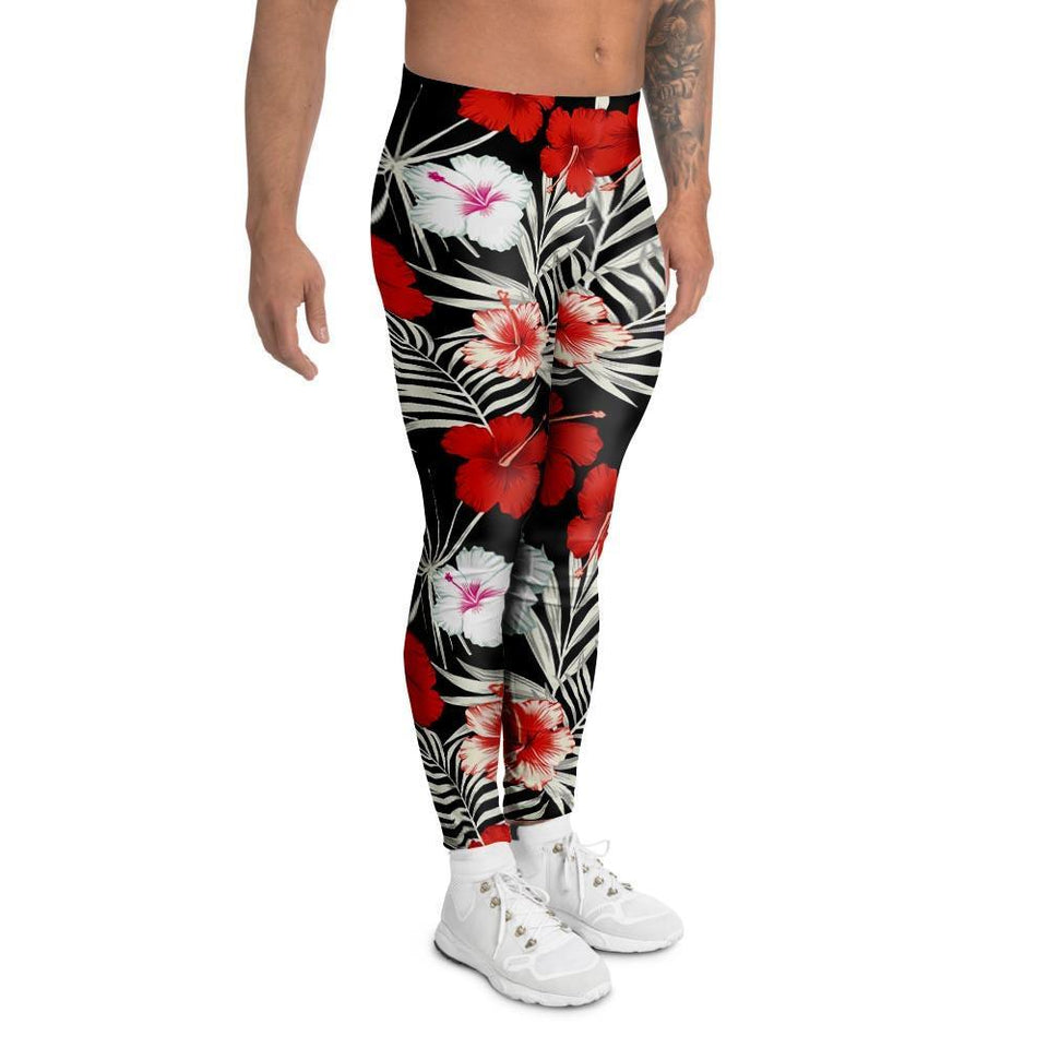 Legging Red And White Hibiscus Flowers Hawaiian Print Men's Leggings Sport, Yoga, Gym, Fitness, Running - Love Mine Gifts