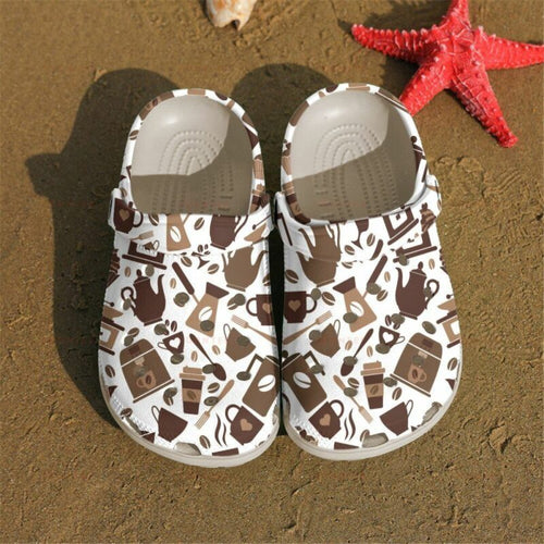 Brown Coffee Pattern Gift For Lover Rubber , Comfy Footwear Personalized Clogs