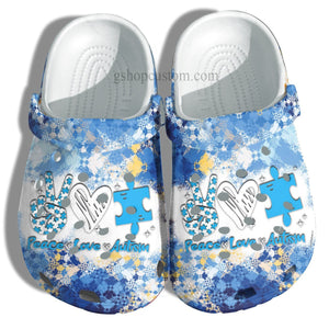April Wear Blue Shoes - Peace Love Autism Awareness Shoes Gifts Men Women Personalized Clogs