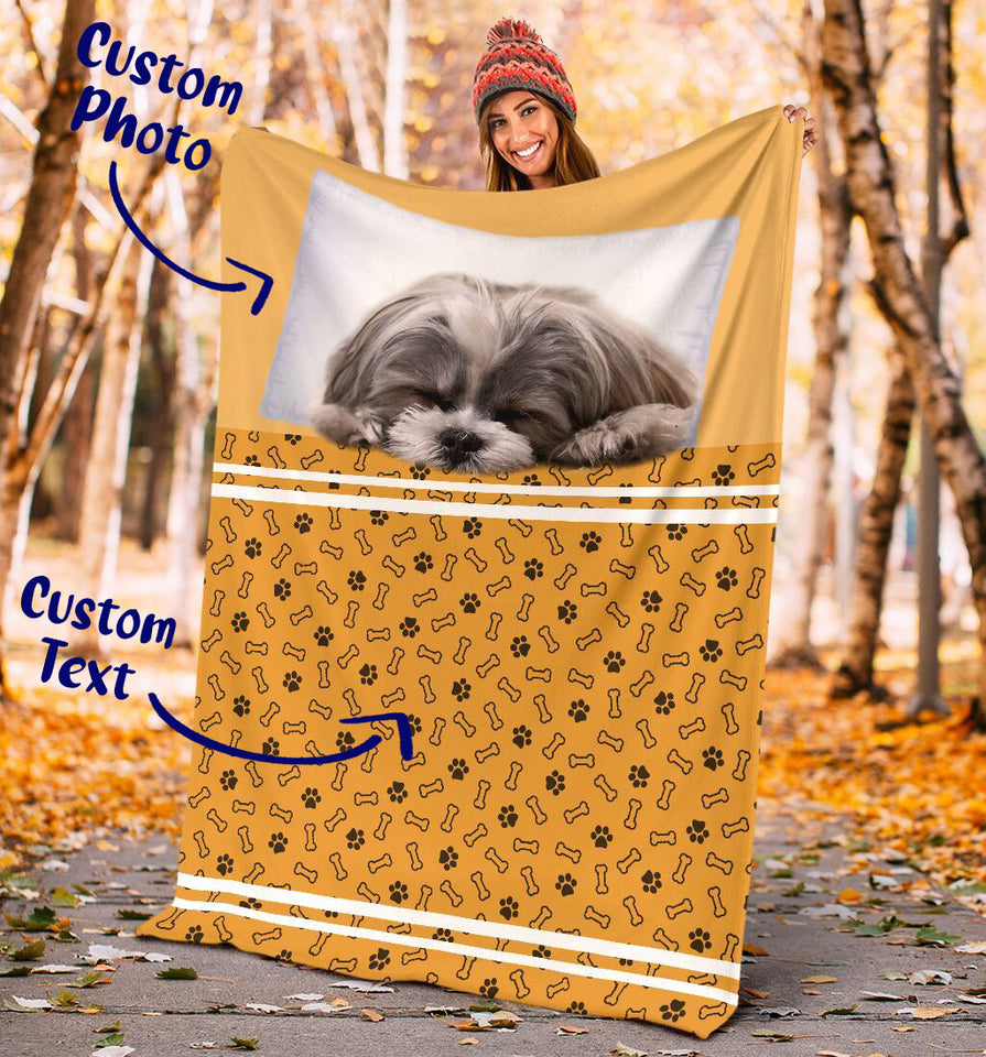 Baby Shihtzu Dog Sleeping Personalized Photo Upload Name Date Fleece Blanket Print 3D, Unisex, Kid, Adult