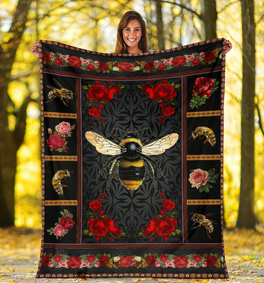 Fleece Blanket Bee In Rose Personalized Photo Upload Name Date Pattern Fleece Blanket Print 3D, Unisex, Kid, Adult - Love Mine Gifts
