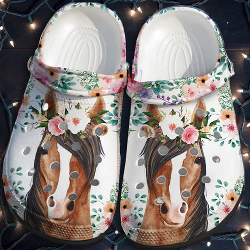 Clog Horses Flower Custom Funny Horse Girl Girl Love Horses Beach Christmas Daughter Mom Clog Personalize Name, Text - Love Mine Gifts
