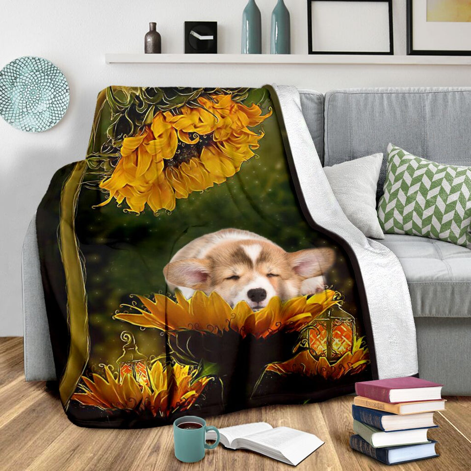 Corgi sunflower premium blanket