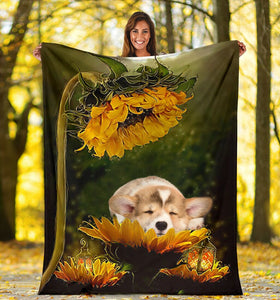 Corgi sunflower premium blanket