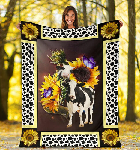 Fleece Blanket Cow Sunflower Dark Personalized Custom Name Date Fleece Blanket Print 3D, Unisex, Kid, Adult - Love Mine Gifts