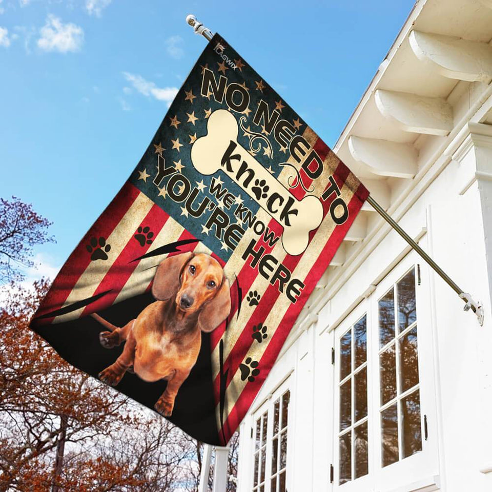 Dachshund We Know You Are Here Flag | Garden Flag | Double Sided House Flag