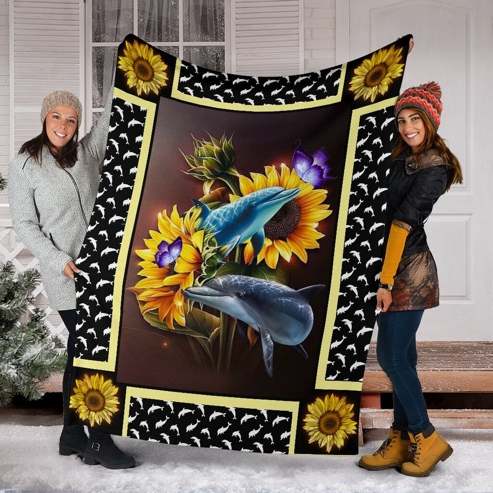 Fleece Blanket Dolphin Dark Sunflower Personalized Custom Name Date Fleece Blanket Print 3D, Unisex, Kid, Adult - Love Mine Gifts