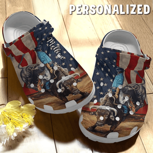 Custom Name American Flag Rodeo Bull Riding Shoes Personalized Clogs