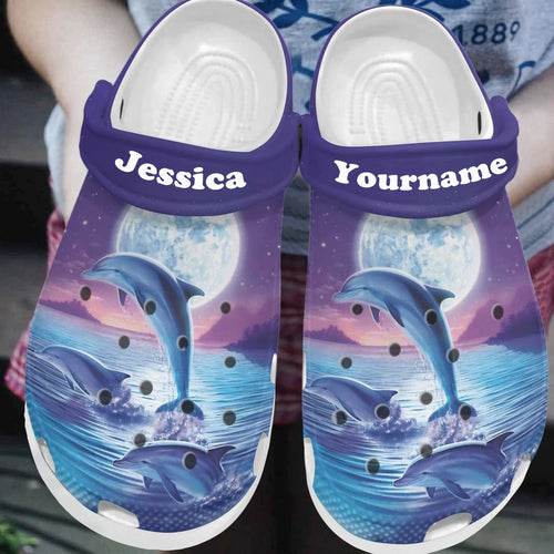 Custom Name Beautiful Dolphins Under The Moon Light Purple Shoes Personalized Clogs