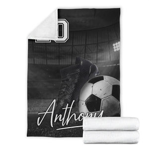 Fleece Blanket Soccer - B&W Pitch - Personalized Name Fleece Blanket Custom Text Print 3D, Unisex, Kid, Adult - Love Mine Gifts