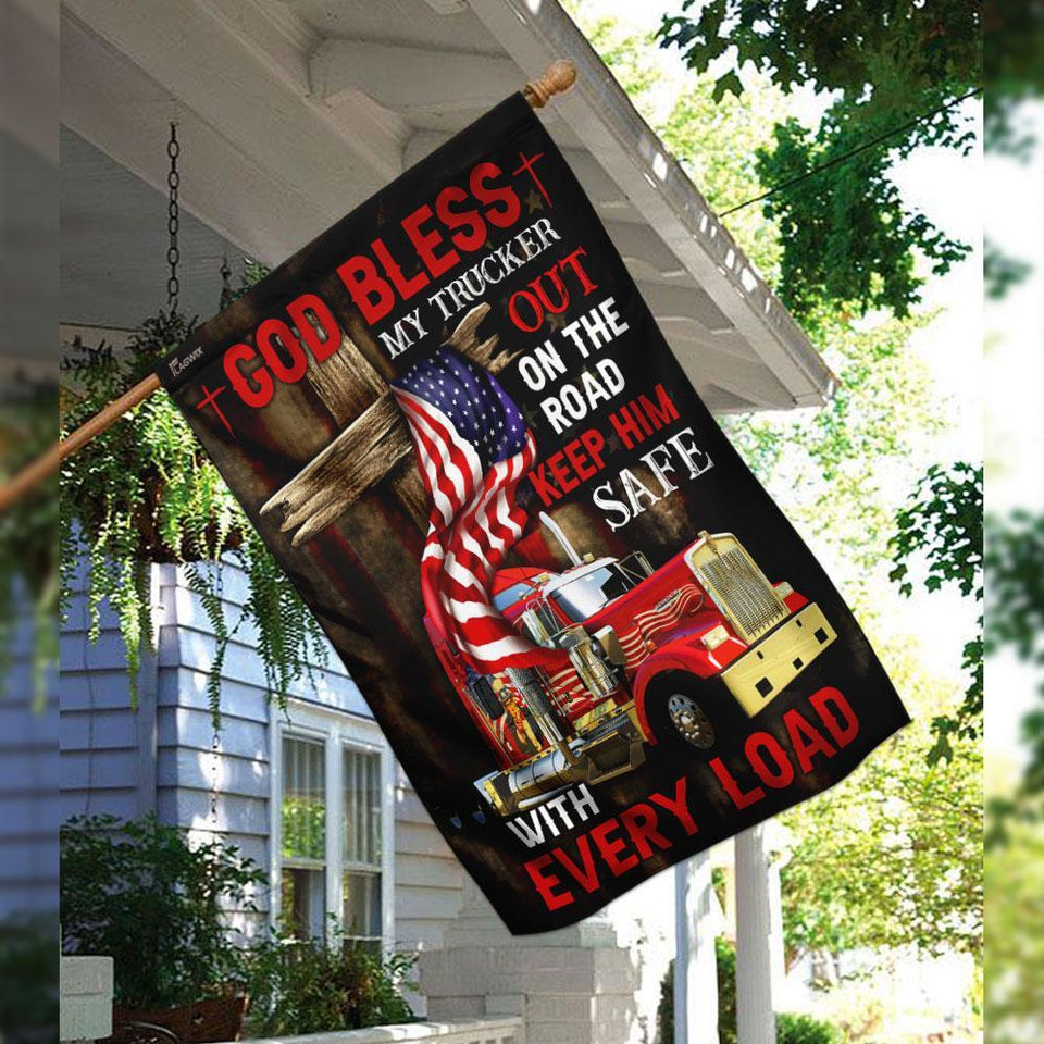 God Bless My Trucker Out On The Road Flag | Garden Flag | Double Sided House Flag
