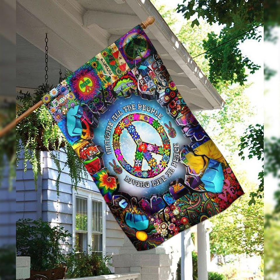 Hippie. Imagine All The People Living Life In Peace Flag | Garden Flag | Double Sided House Flag