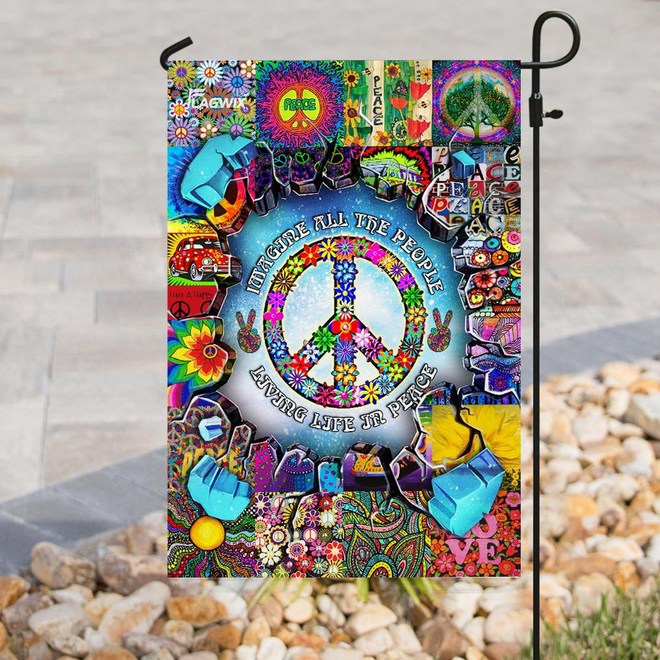 Hippie. Imagine All The People Living Life In Peace Flag | Garden Flag | Double Sided House Flag