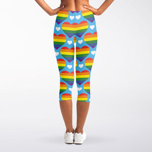 LGBT Pride Rainbow Heart Pattern Print Women's Capri Leggings