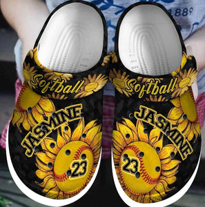 Clog Softball Personalized Clog, Custom Name, Text, Color, Number Fashion Style For Women, Men, Kid, Print 3D Sunflower Softball Vq - Love Mine Gifts