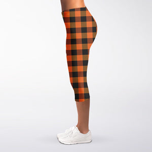Orange And Black Buffalo Check Print Women's Capri Leggings