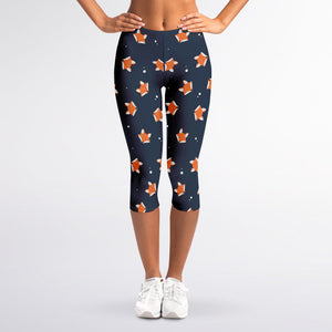 Orange Fox Pattern Print Women's Capri Leggings