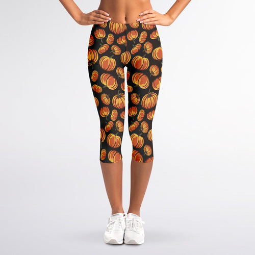 Orange Halloween Pumpkin Pattern Print Women's Capri Leggings