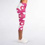 Pink Breast Cancer Ribbon Flower Print Women's Capri Leggings