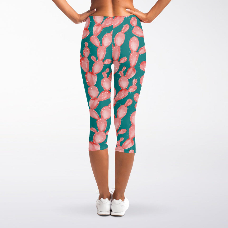 Pink Cactus Pattern Print Women's Capri Leggings