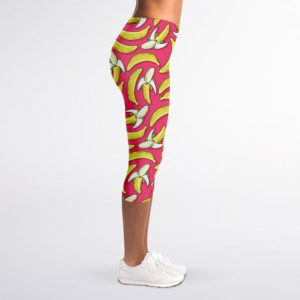 Pink Cartoon Banana Pattern Print Women's Capri Leggings