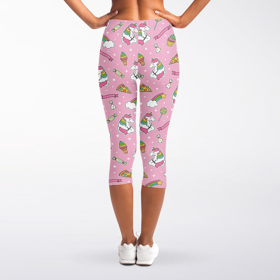 Pink Girly Unicorn Pattern Print Women's Capri Leggings