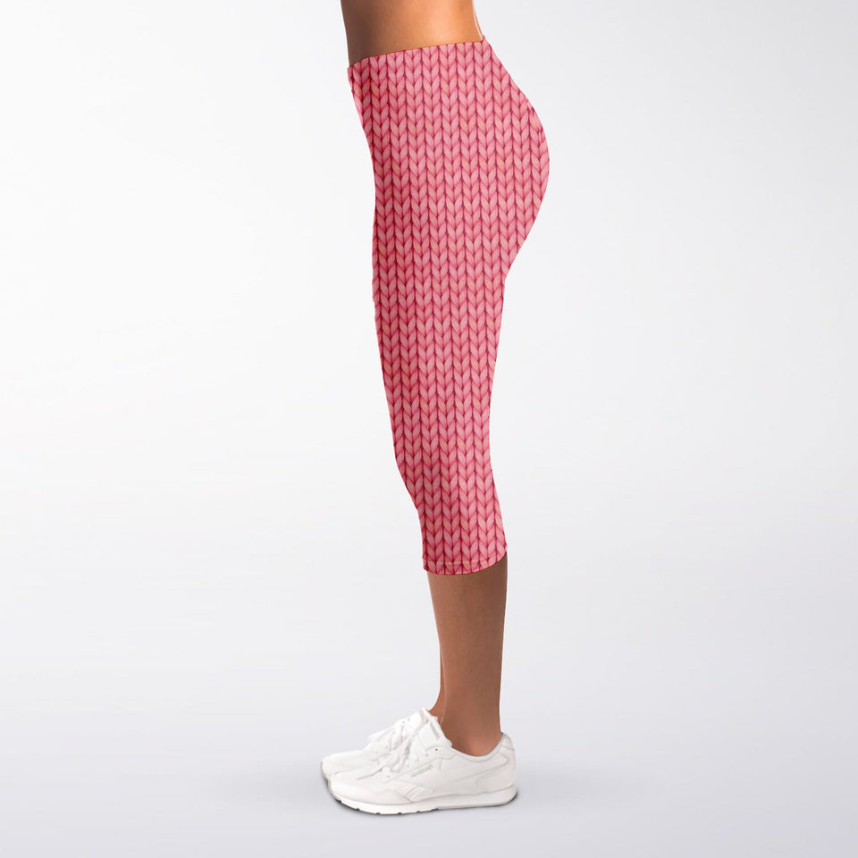 Pink Knitted Pattern Print Women's Capri Leggings