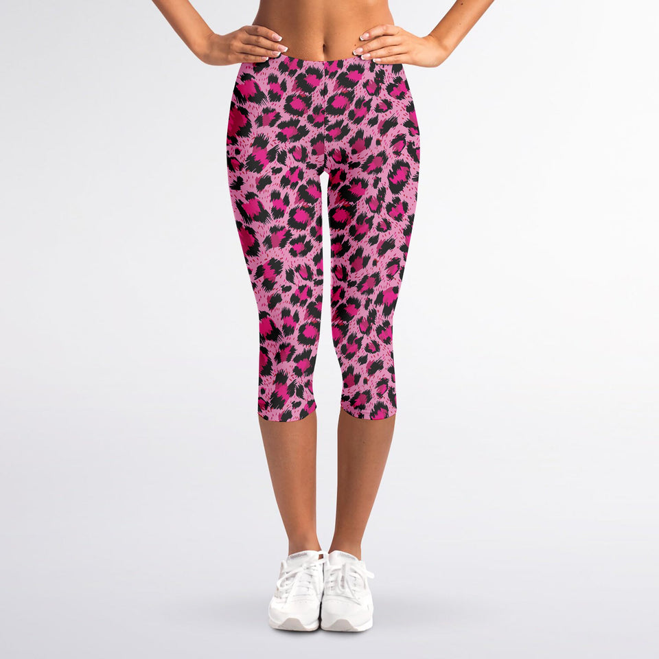 Pink Leopard Print Women's Capri Leggings