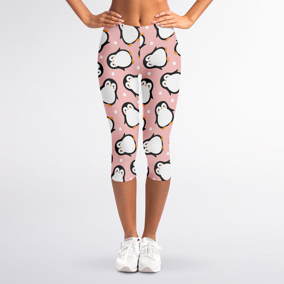Pink Polka Dot Penguin Pattern Print Women's Capri Leggings