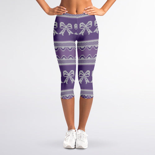 Purple Ribbon Knitted Pattern Print Women's Capri Leggings