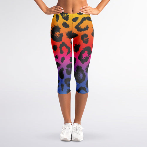 Rainbow Leopard Print Women's Capri Leggings