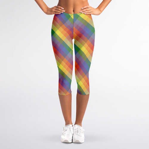 Rainbow LGBT Plaid Pattern Print Women's Capri Leggings
