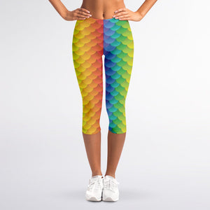 Rainbow Mermaid Scale Pattern Print Women's Capri Leggings
