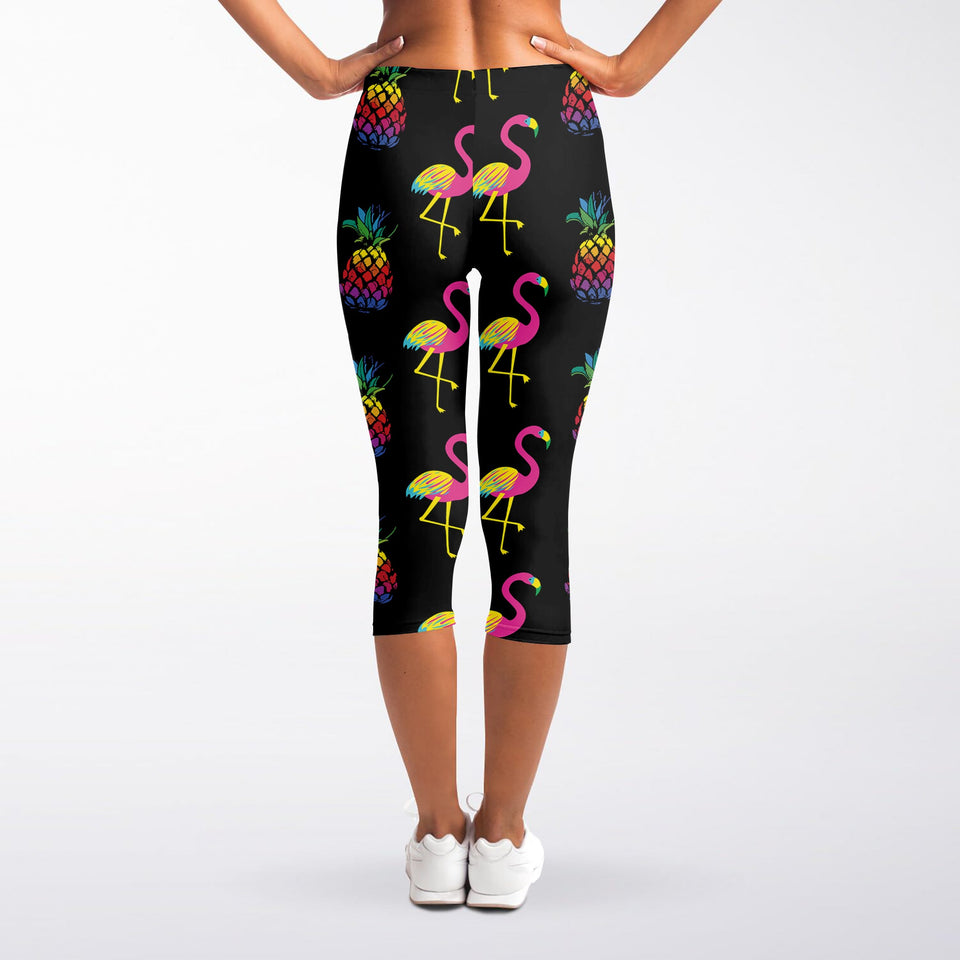 Rainbow Pineapple And Flamingo Print Women's Capri Leggings
