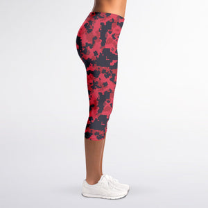 Red And Black Digital Camo Pattern Print Women's Capri Leggings