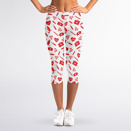 Red And White Nurse Pattern Print Women's Capri Leggings