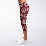 Red And White Paw Knitted Pattern Print Women's Capri Leggings